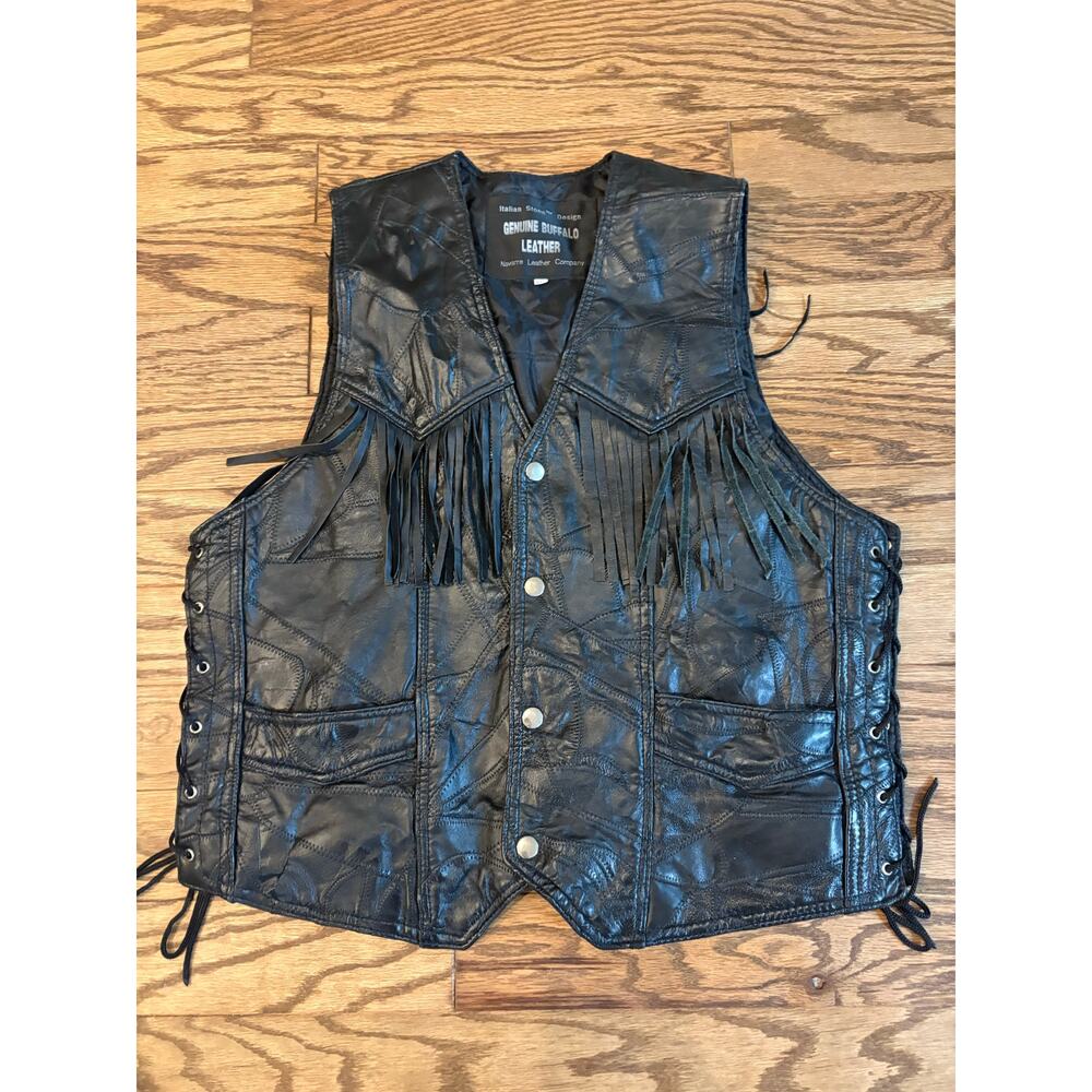 Navarre Leather Co Genuine Buffalo Leather Fringe Biker Vest Italian Stone XL‎